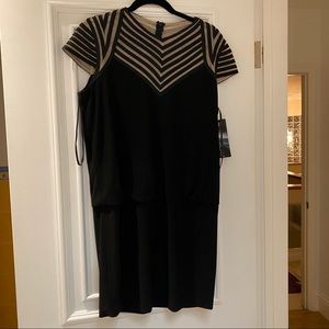 Betsy Adam Black Cap-Sleeve Mesh Cocktail Dress